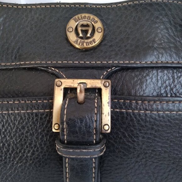 Etienne Aigner Roomy Black Pebbled Leather Shoulder Bag Vintage Western Look - Picture 4 of 11